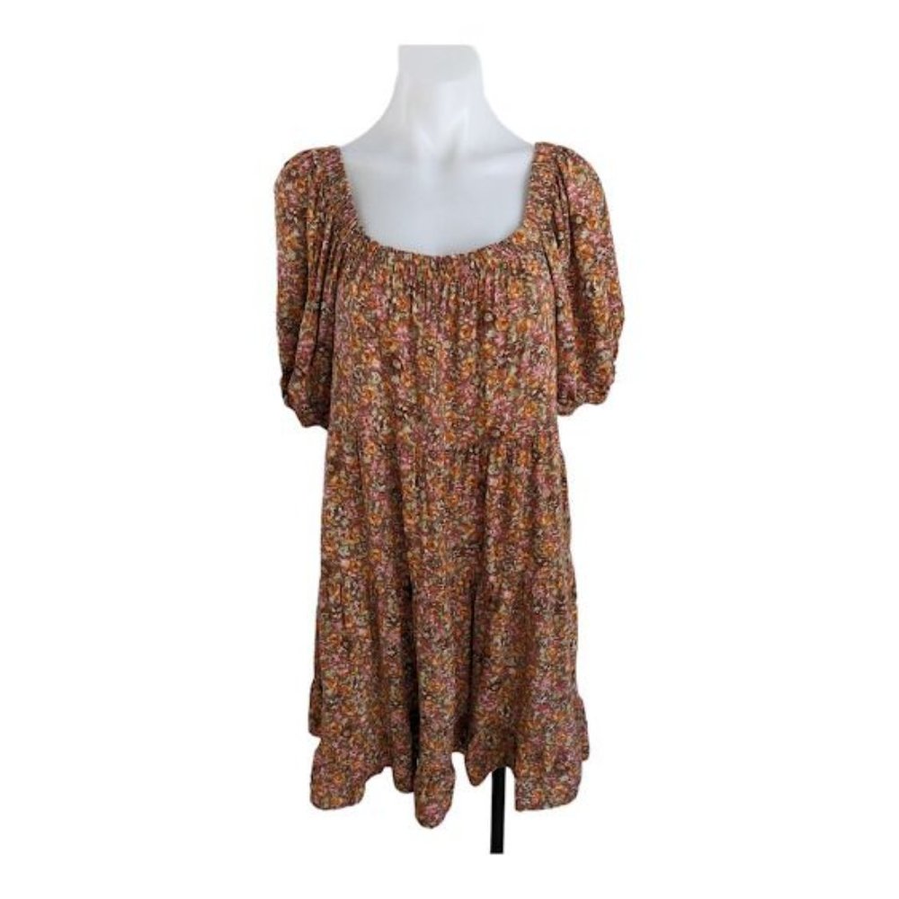 Wild Fable Size XL Shift Mini Dress Brown Floral Square Neckline Puff Sleeves